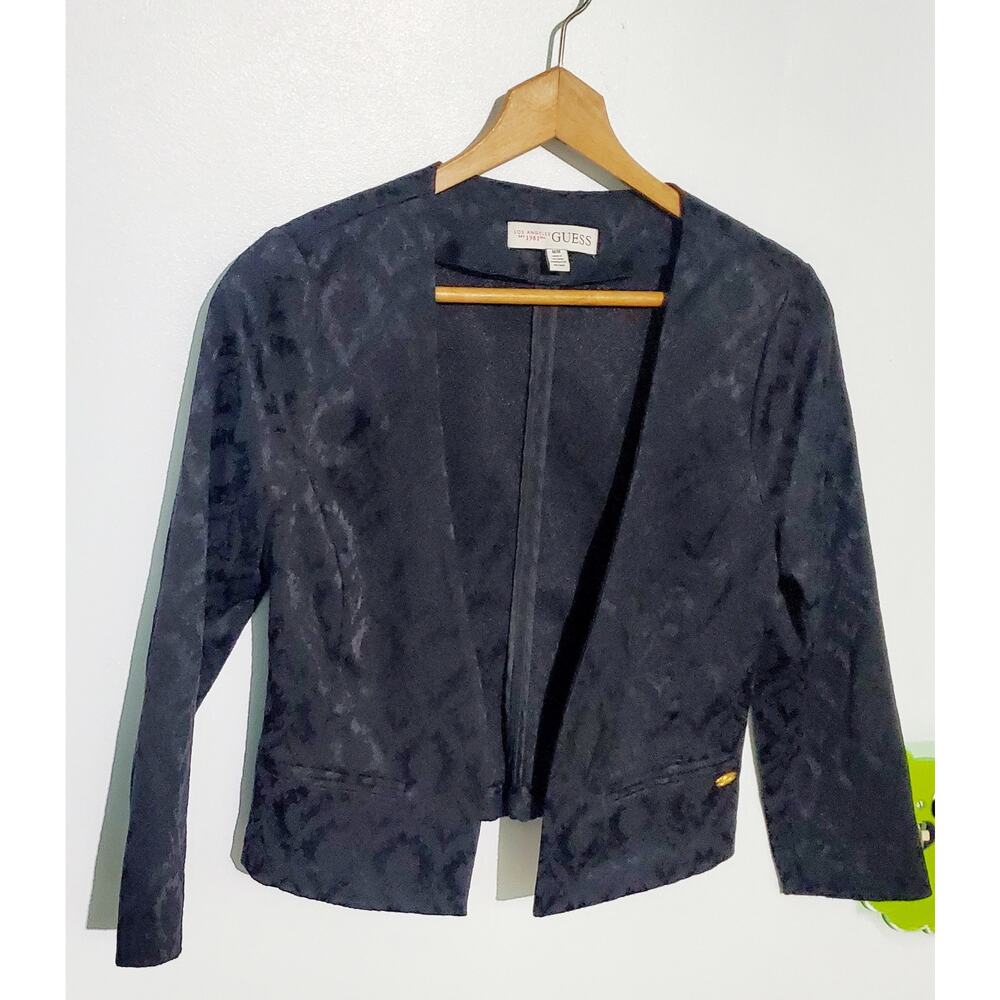 😺 Guess Vintage Womens Black Jacquard Mini Blazer Size Medium Boho Goth Club